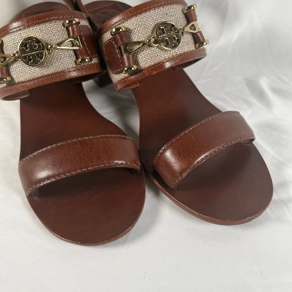 TORY BURCH Lowell Linen and Leather Block Heel Slingback Gold Hardware Sandals - Picture 10 of 10